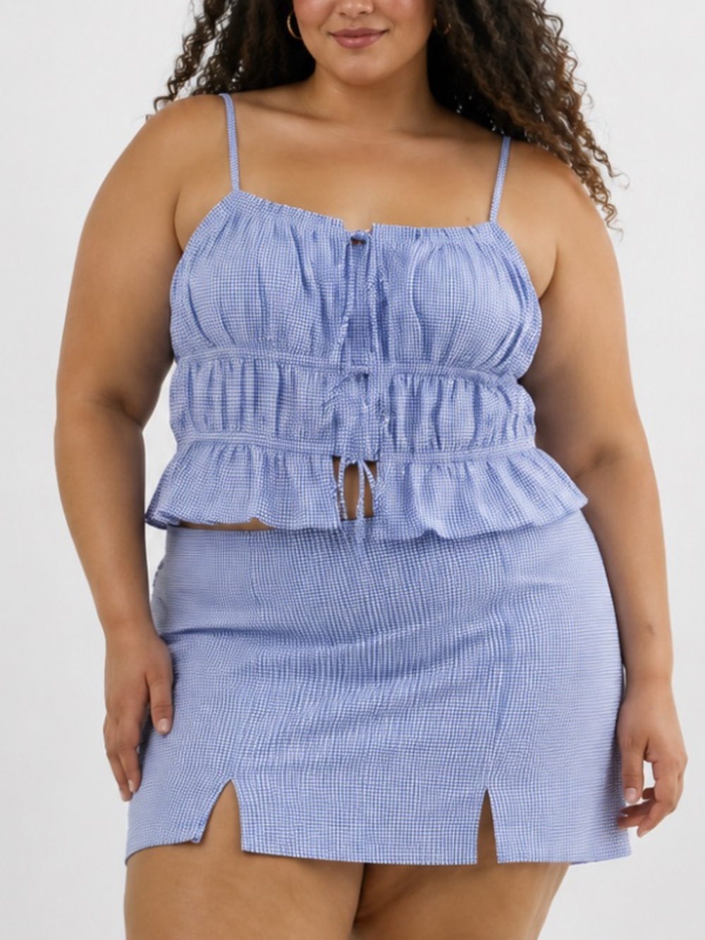 🆕 No Boundaries • Gingham • Tie-Front Ruffle Crop Top & Skirt Set • Large